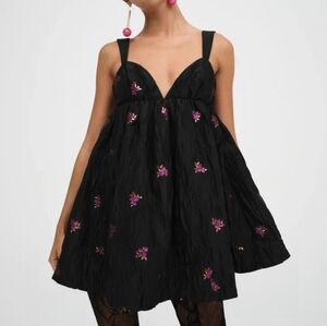 For Love And Lemons Black Dress with Purple Floral Design